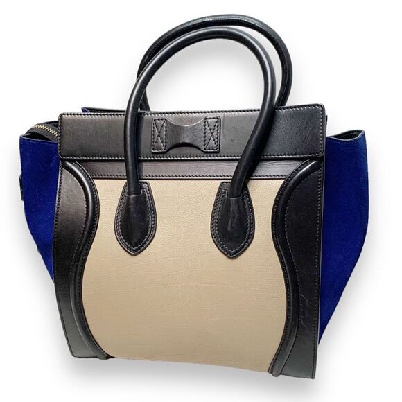CELINE Tri-Color, Tan Calfskin Leather, Blue Suede, Black Trim Luggage Tote Bag - Picture 4 of 17